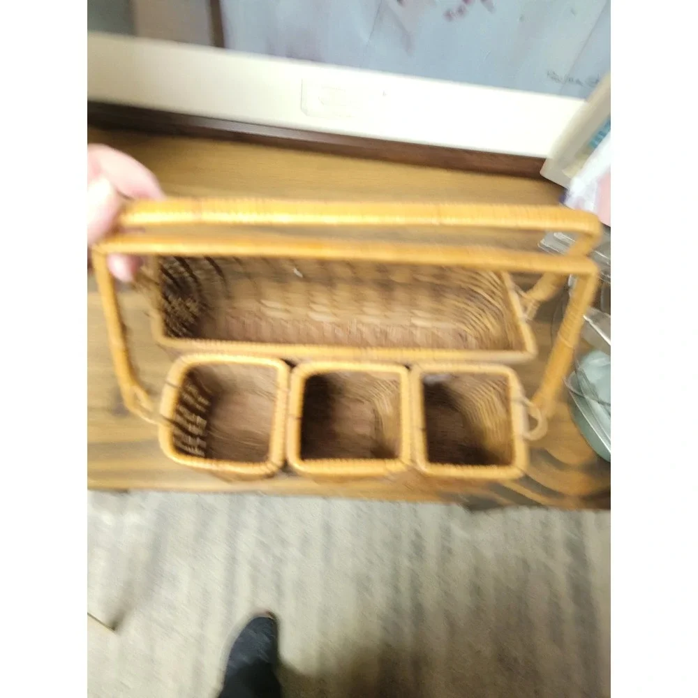Woven Wicker Utensil Caddy Rattan‎ Desk Organizer with Handle Brown 4-Section